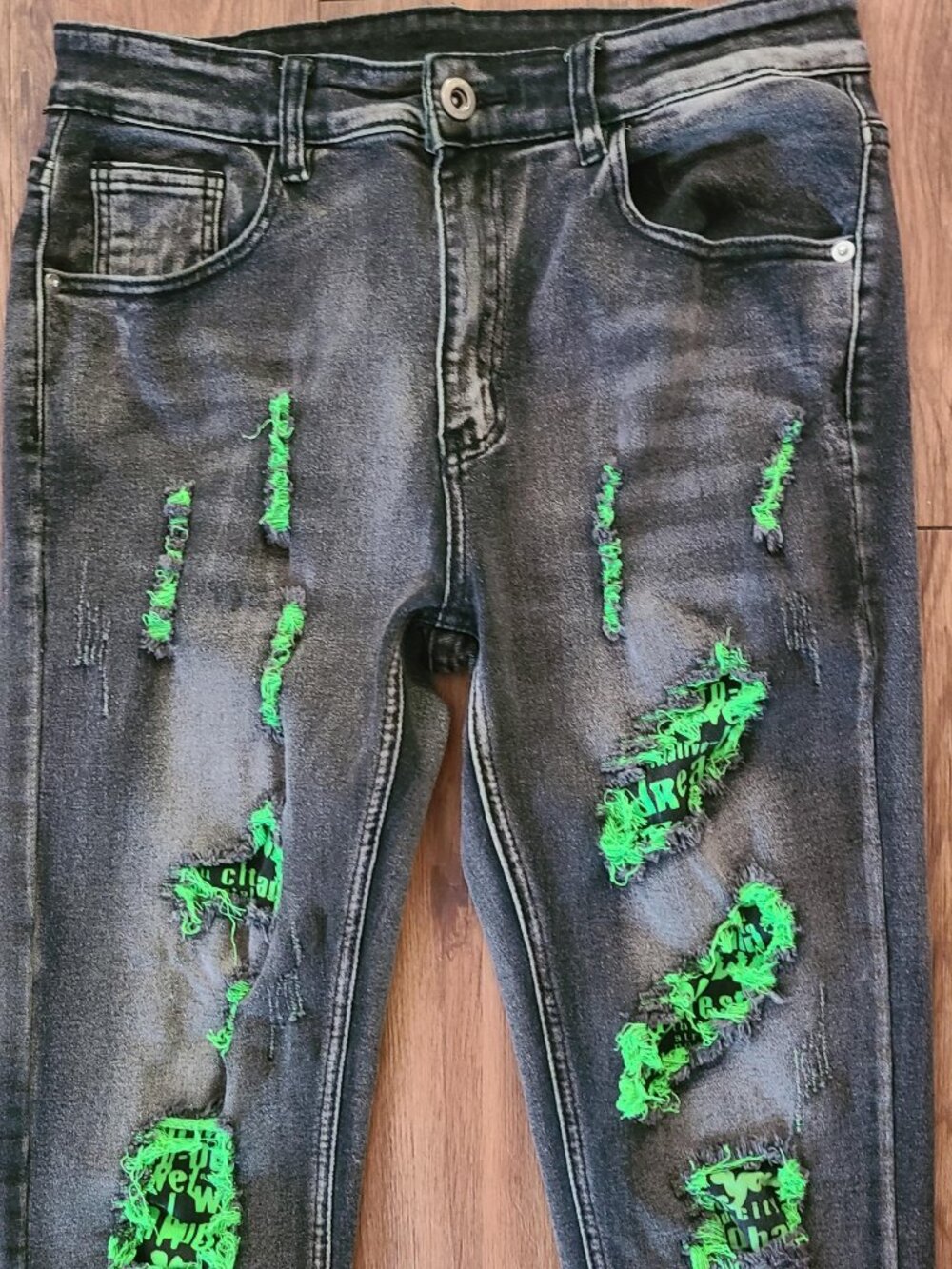 SHEIN Men's Stretch Black Green Ripped Jeans Chic Slim Black Pants Size 30
